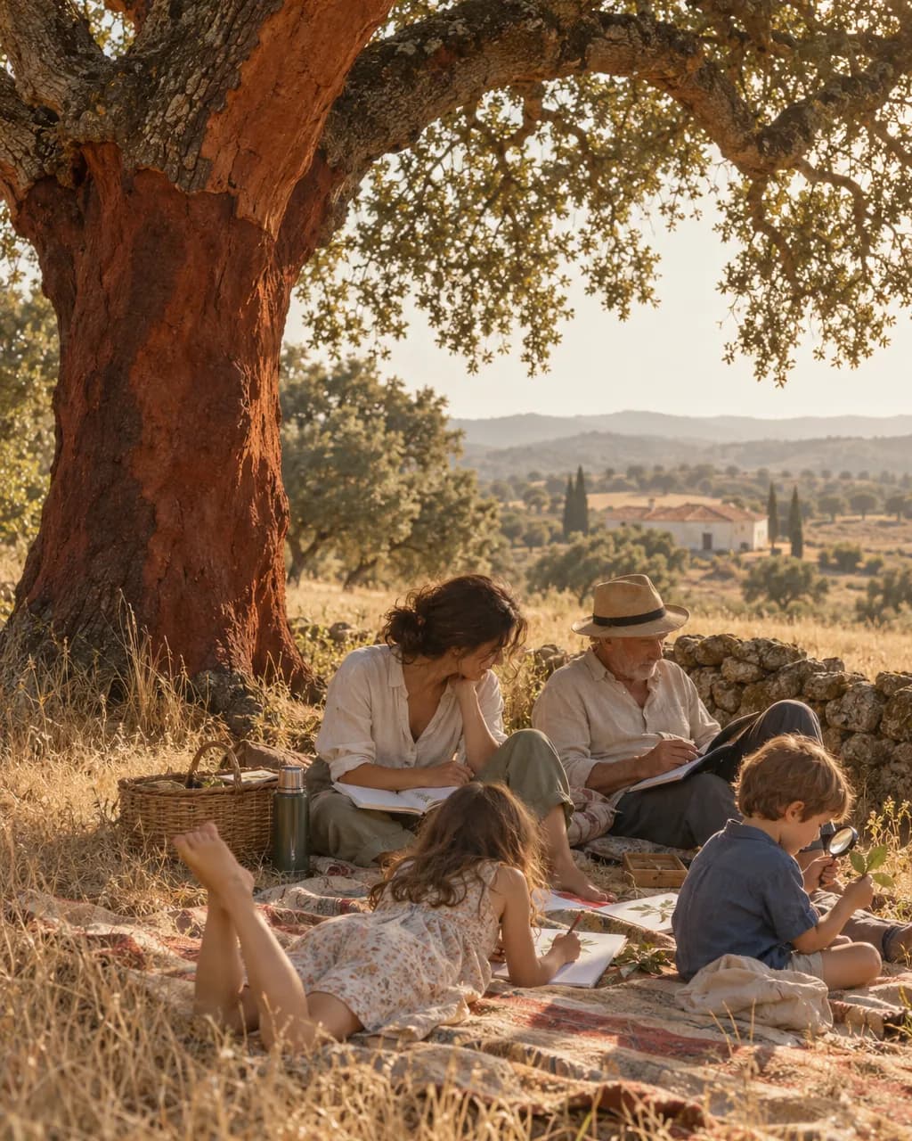 A family learning outdoors under a cork oak in the Alentejo, children drawing and looking at leaves on a blanket.